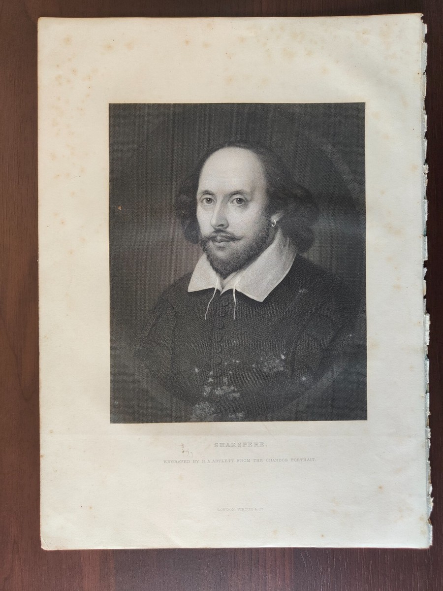 ANTIQUE ORIGINAL B/W ENGRAVING-WILLIAM SHAKESPEARE-PORTRAIT- 1870