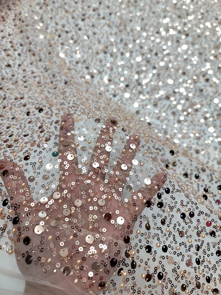 Beaded Design Rose Gold Sequin Embroidered Elegant Beads Mesh Fabric By The Yard - Image 4 of 4