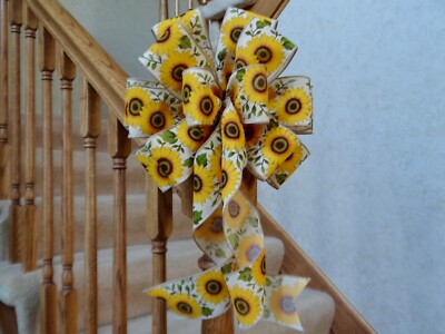 10'' WIDE FAUX BURLAP BOW WITH SUNFLOWERS~DECORATION WREATHS LANTERNS SIGNS GIFTS