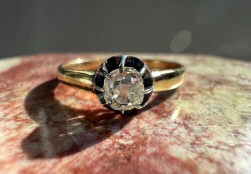 Antique French Old Mine Cut Diamond & 18k Gold Solitaire Ring - Afbeelding 1 van 8