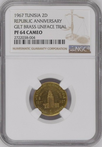 TUNISIA , GILT BRASS UNIFACE TRIAL GOLD 10 D!NARS 1967- NGC PF 62 ( 11 ) , RARE - Picture 2 of 3