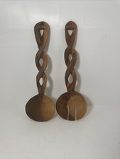 Vintage Wood Salad Serving Set Fork  Spoon Hand Carved Twisted Handles 12  