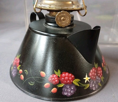 Vintage Hand Painted Oil Lamp Folk Art Decorative Tinware Toleware Black Chimney - Picture 10 of 14