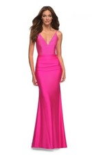 La Femme Neon Pink Beaded V- Neck Cross Back Jersey Gown Size 2 338 Prom