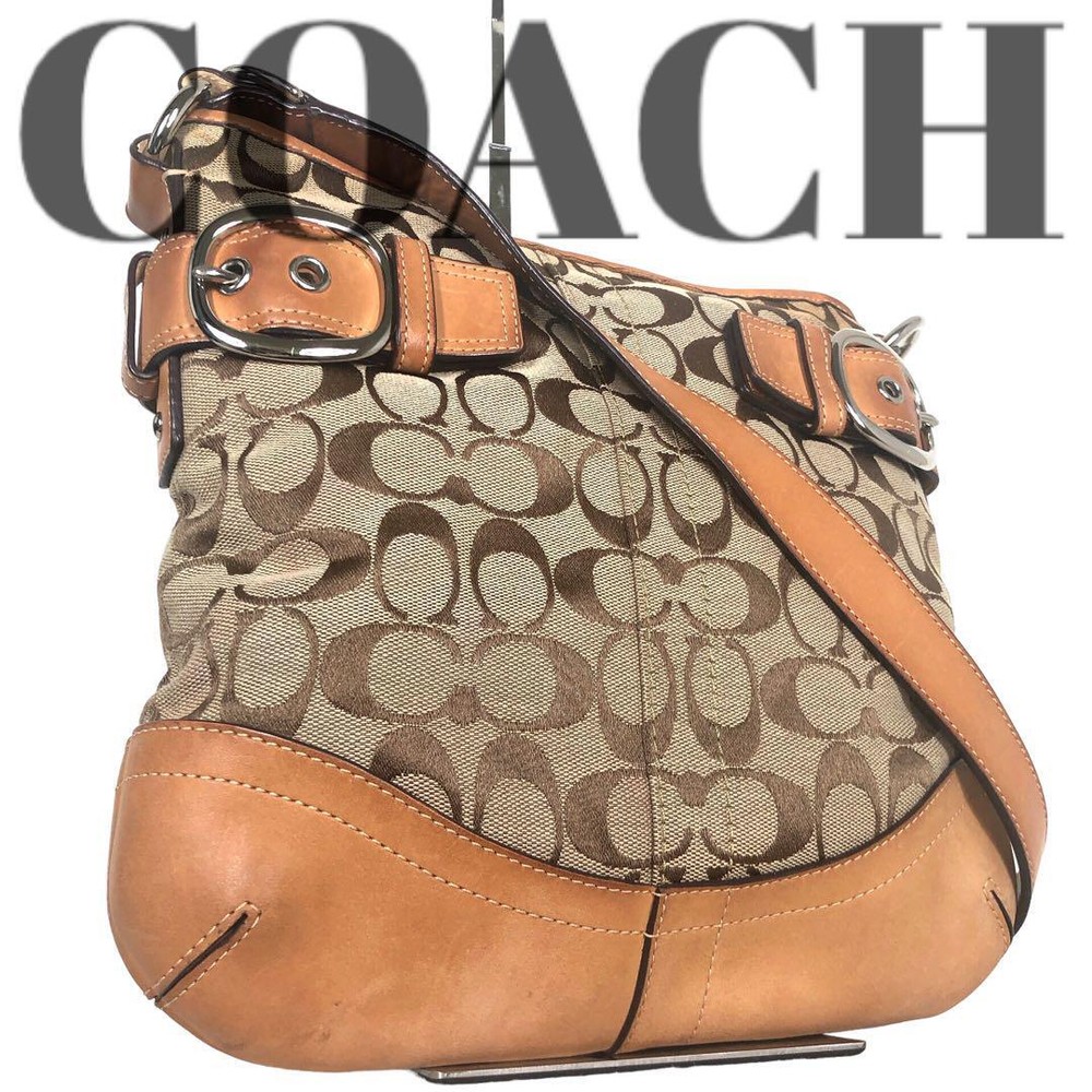 Coach Canvas Leather Shoulder Bag Auth Brown Medium Women US