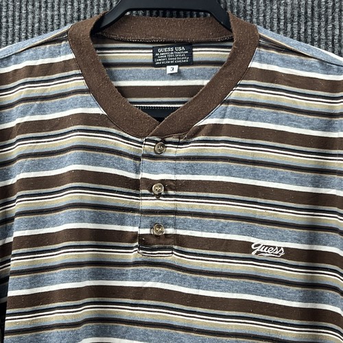 Guess USA Shirt Mens Size 3 (Large) Brown Striped Polo Pullover Casual Comfort - Picture 4 of 10