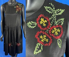 Vintage 1920 Art Deco Black Silk Smocked Hand Embroidery Flower Drop Waist Dress