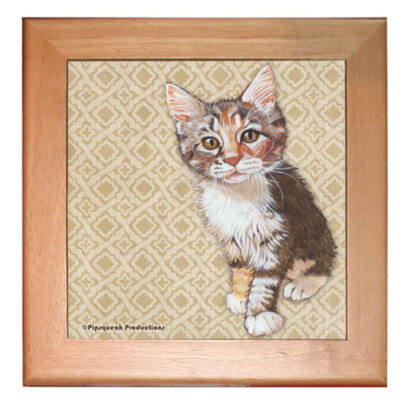 Cat Kitchen Ceramic Trivet Framed in Pine 8'' x 8''