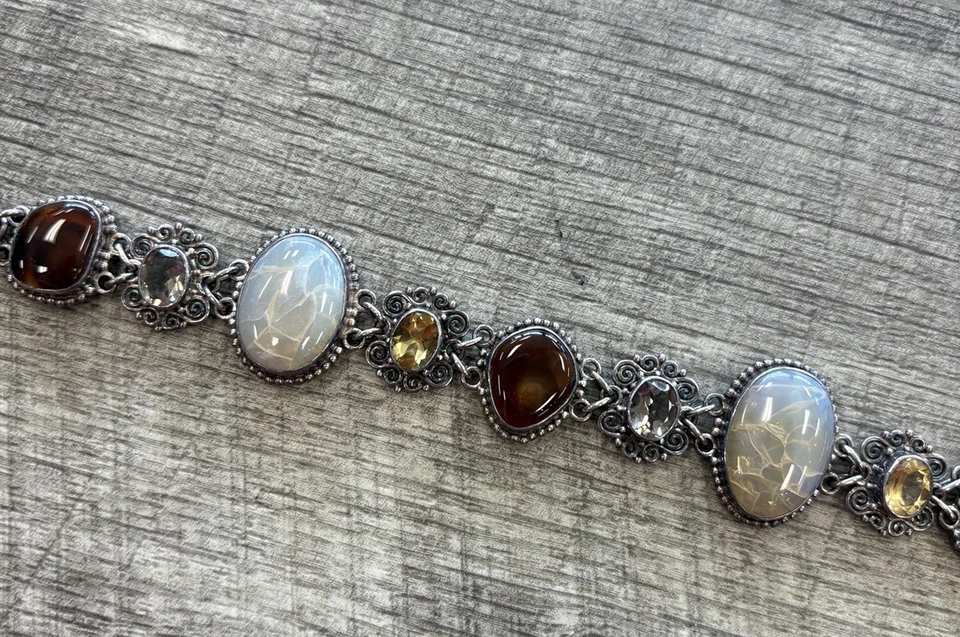 Brazalete Sajen de plata de ley 925 con múltiples piedras de 9 pulgadas — LEER Foto 4 de 4