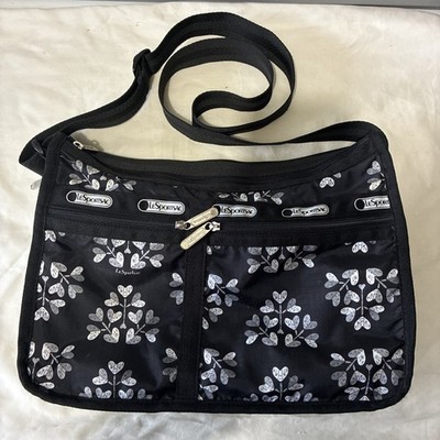 Lesportsac-Love Blossoms Deluxe Black Everyday Bag /Crossbody Expandable EUC