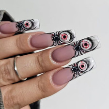 24Pcs Halloween Press on Nails Long Coffin Fake Nails with Horror Spider Eyeball