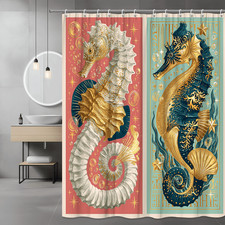 Seahorse Shower Curtain Gold Nautical Ocean Graphic