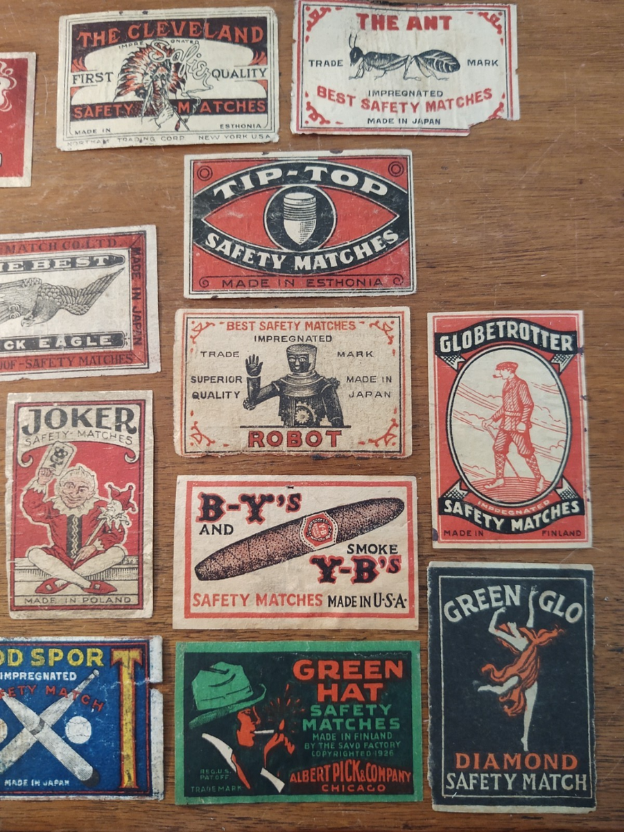 Nice selection Antique Matchbox labels Rhino Robot Parachute Owl