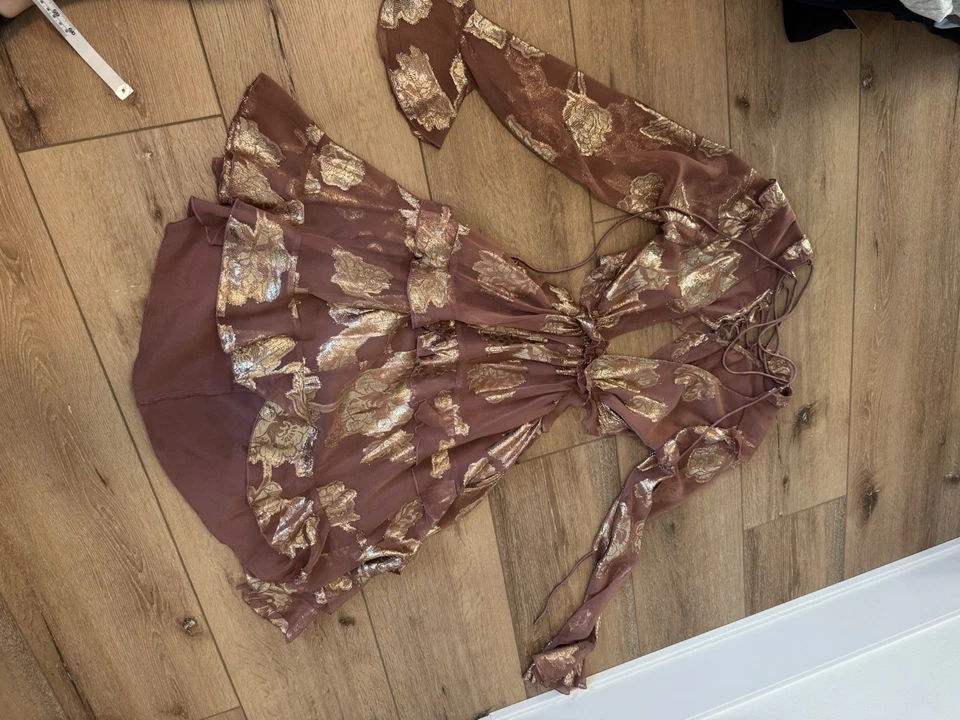 ASOS DESIGN tiered ruffle floral jaquard mini dress with detail skirt size 8 - Image 3 of 4