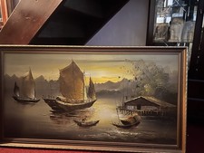 Vintage Original Oil Junk Boats Painting