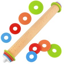 Wood Rolling Pin with Thickness Rings, Adjustable Standard, Natural