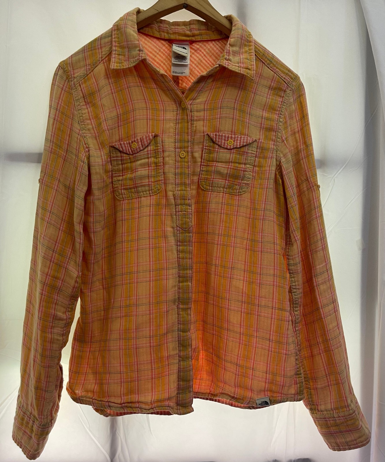 The North Face Women’s Plaid Shirt M Orange Pink Lightweight Button Up S12