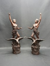 Pair of French Art Nouveau Moreau Style Spelter Figurines of Women Eagles