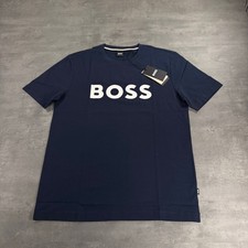 Hugo BOSS T-Shirt Large Navy Blue White Spellout Logo Short Sleeve Cotton Tee