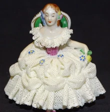 Volkstedt Dresden Lace Porcelain Seated Lady in White Germany
