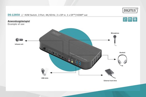DIGITUS KVM-Switch DisplayPort – 2-Port Single-Display – 2 PC 1 Monitor – 1x Mau - 第 5/10 張圖片