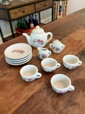 Vtg Ceramic Miniature Tea Set 12 Piece Pink Purple Blue Floral Mini Dollhouse