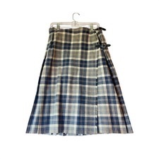 Scotia Fabrics Wool Plaid Kilt Skirt Made in Scotland Blue Cream Pleated Wrap 14