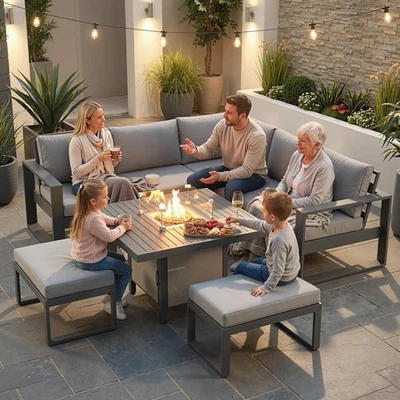 6pcs Outdoor Furniture Set, Garden Corner Sofa with Fire Pit Table, Aluminium - Image 1 of 4