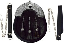 SCOTTISH FULL DRESS SPORRAN BLACK CALF SKIN WITH TASSELS  CHROME CANTLE
