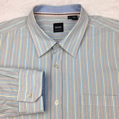 Boss Hugo Boss Dress Shirt Mens XL Beige/Yellow Stripes Long Sleeve