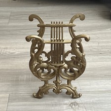 Vintage Gold Tone Lyre Harp Sheet Music Holder Magazine Rack Stand Cast Metal