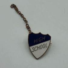 High School Lapel Pin Blue + White Shield Small Piece Of Chain Vintage HS