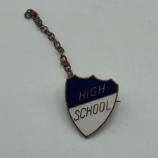 High School Lapel Pin Blue + White Shield Small Piece Of Chain Vintage HS