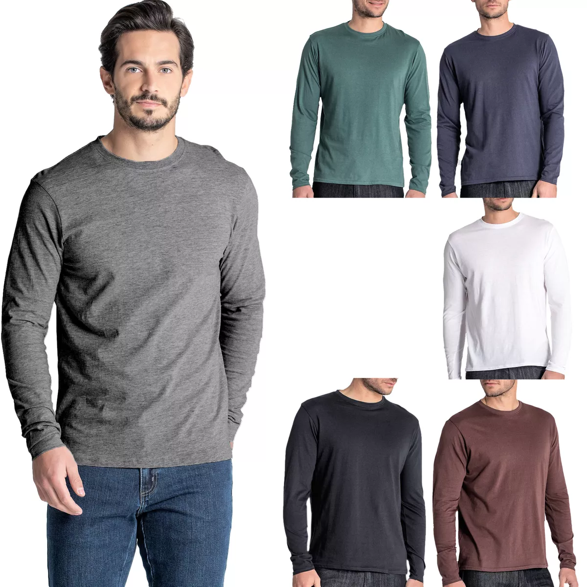 Mens Long Sleeve T-Shirt Slim Fit Crew Round Neck 100% Cotton Plain New Tee  Tops