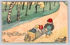 c1905 Hand Colored Artist Signed Villy Green Children Push Whellbarrow P494