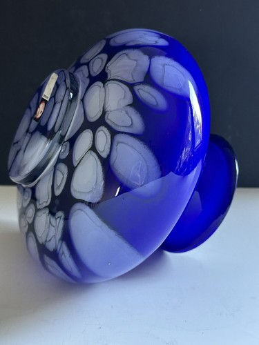 Vintage Art Glass Vase Poland Hand Blown Blue White Cased Glass Tarnowiec 8”D - Picture 6 of 18