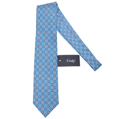 Drake's NWT Neck Tie in Light Blue with White/Orange Geometric Pattern 100% Silk