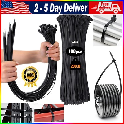 100 Pcs Black Long Zip Ties 200LBS Ultra Strong Durable Cable Ties 24  Extra Lar