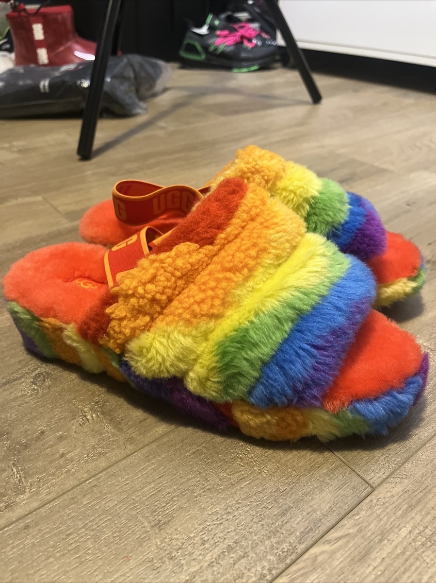 UGG Fluff Yeah Pride Rainbow Slide Slipper 8 New RARE MSRP $110 | eBay