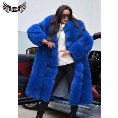 110CM Long Real Fur Coat with Big Turn-down Collar Natural Whole