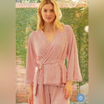 Lake Kimono Pajama Set Wrap Top Bottoms DreamKnit Red White Stripe XXL 