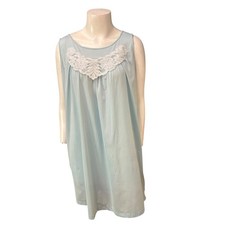 Vintage 60s Blue Nylon Nightgown Lace Yoke Sleeveless Lingerie Slip Dress M