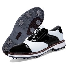 Men Golf Shoes Lace Up Spikeless Anti Slip Breathable Leather Lawn Sneakers