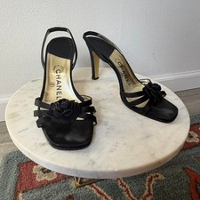 Vintage Y2K Chanel black satin Camellia slingback sandals