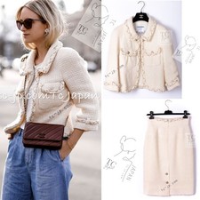 CHANEL 07A Creme Ivory Gold Chain Trim Wool Tweed Jacket Skirt Suit 36 38 US4 6