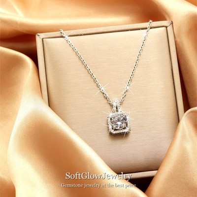 Square CZ Zircon Pendant Necklace Silver Chain Sparkle