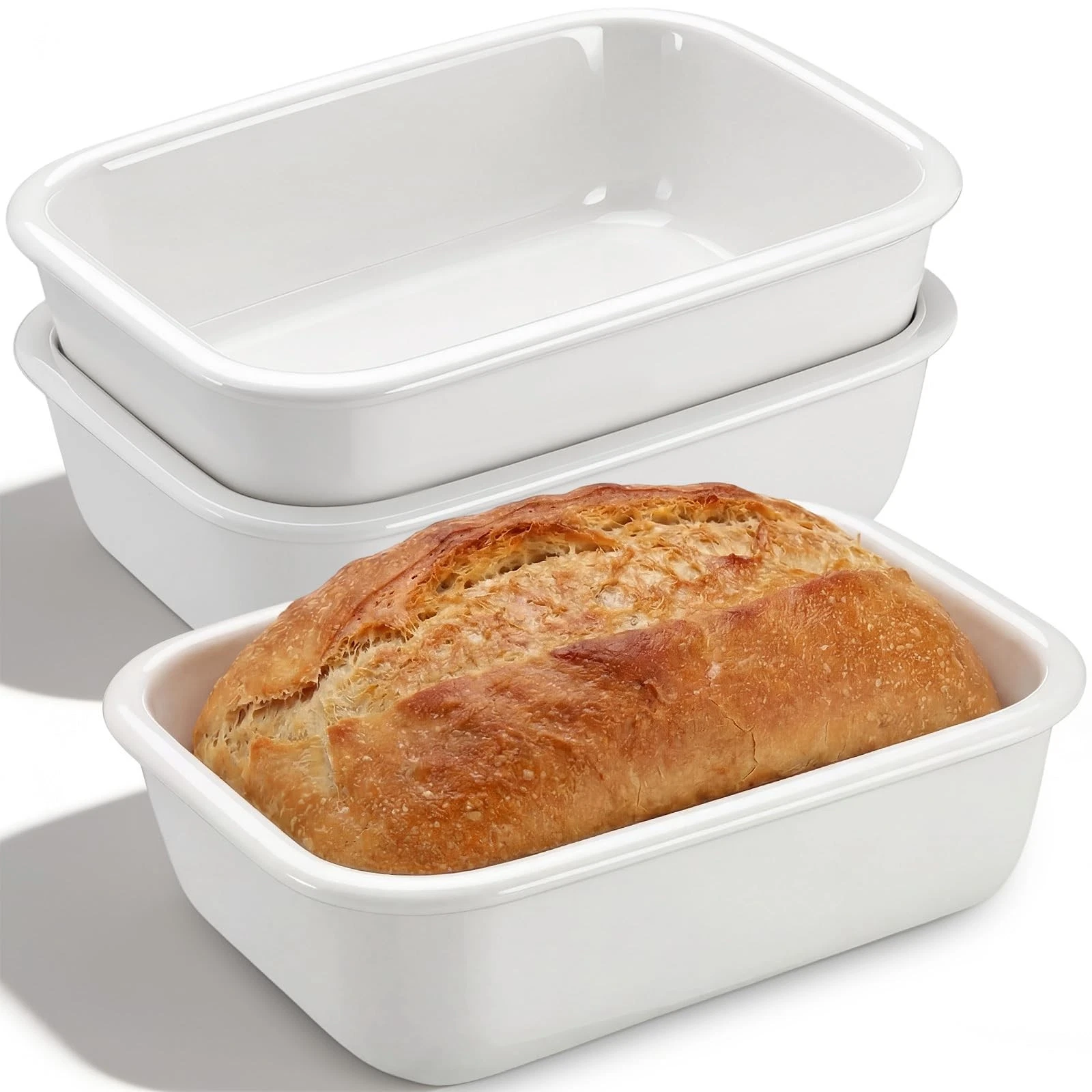3 Pack Ceramic Loaf Pan for Baking Bread 9 x 6.5 Inch White Nonstick Rectangu...
