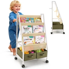 3-Tier Kids Bookshelf with Storage, Wheels & Handle, Montessori Sling Book Or...