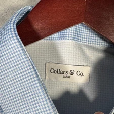 Collars & Co. Polo Shirt Mens Large Light Blue Dress Collar Gingham Short Sleeve