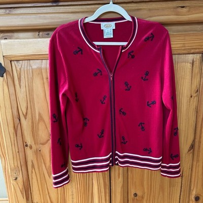Talbots Sweater Red with Anchor Embroidery Full Zip 100% Cotton Women's Small